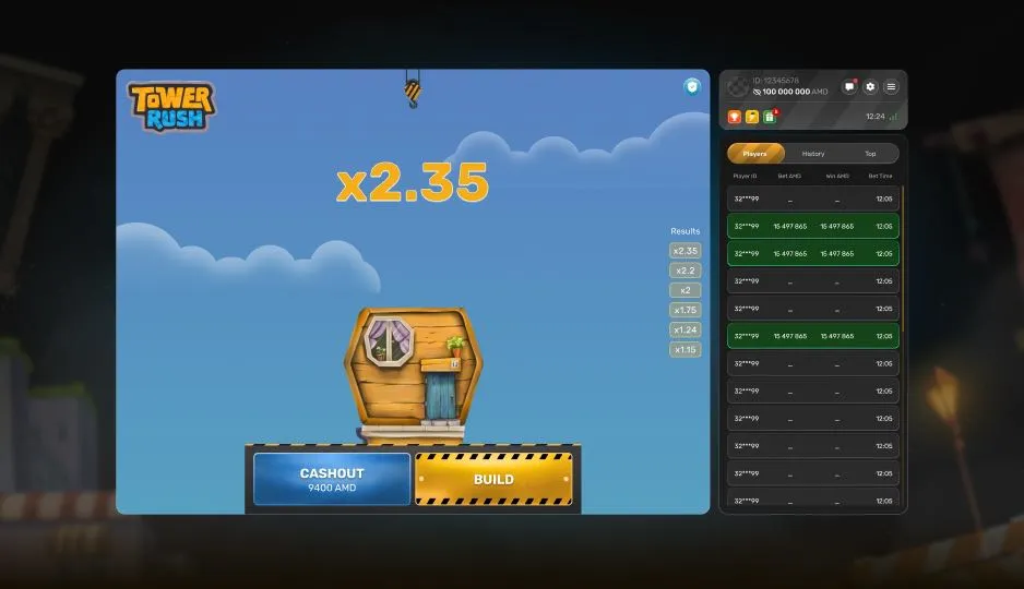 Tower Rush playfield at a x2.35 multiplier with the payout shown on the cashout button