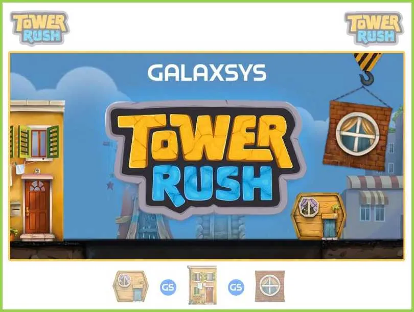 Tower Rush start screen by Galaxsys with the game logo and block icons