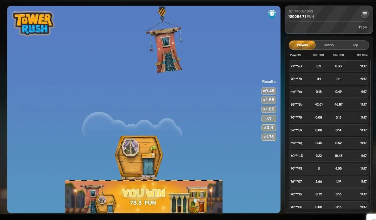 Tower Rush round on desktop with the win banner and the column of past multipliers