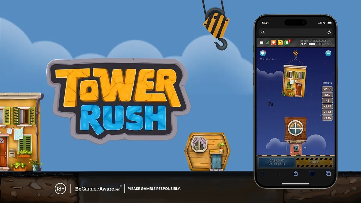 Cashout and build buttons in Tower Rush Tower Rush on a phone with the cashout and build buttons under the tower
